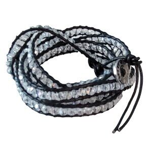 Victoria Emerson Black Leather White Clear Beads Wrap String Bracelet 37" L M986